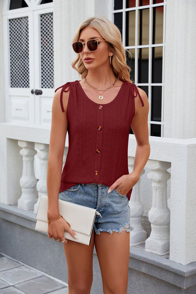 Solid Color Round Neck Button Drawstring T-Shirt