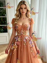 Fashion Tulle Straps Appliques Prom Dress