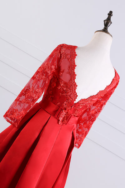Red Satin Lace Short Sleeve Homecoming Dress