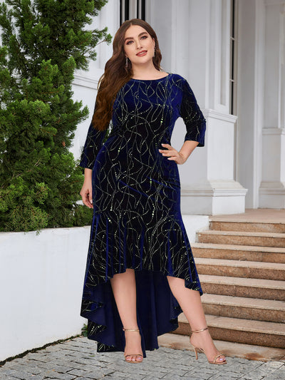 Plus Size Hi Lo Long Sleeve Velvet Party Dress