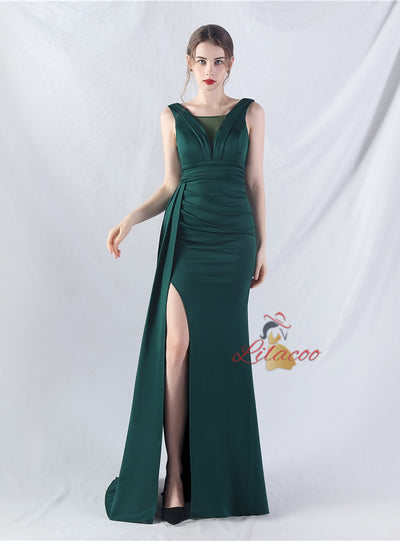 Sleeve Pleats Split Prom Dress