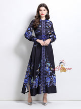 Palace Style Retro Breasted Printed Dress