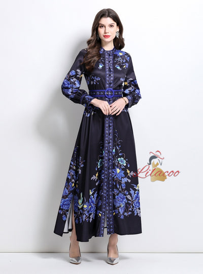 Palace Style Retro Breasted Printed Dress