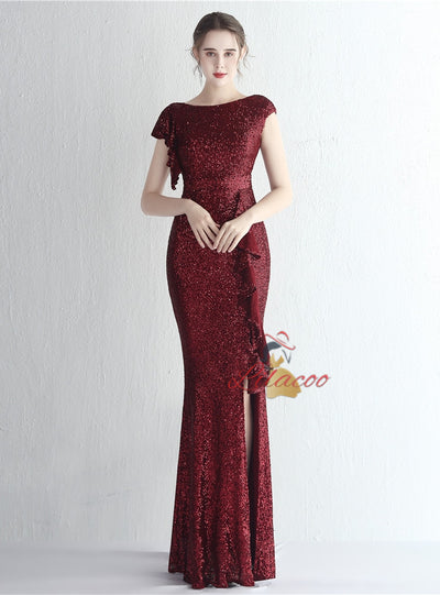 Mermaid Sequins Cap Sleeve Split Prom Dress