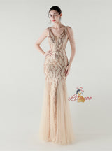 Mermaid Sequins Tulle V-neck Beading Prom Dress