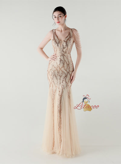 Mermaid Sequins Tulle V-neck Beading Prom Dress