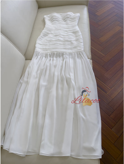 White Tulle Strapless Pleats Prom Dress