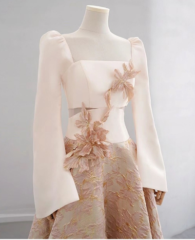 Champagne Long Sleeve 3D Flower Prom Dress