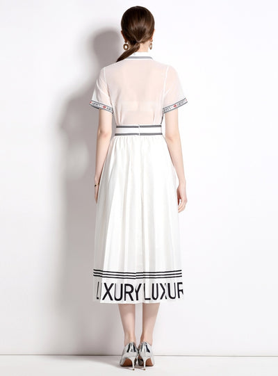 Printed Lapel Shirt+Pleated Skirt Two-Piece Suit