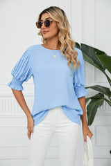 Solid Color Round Neck Loose Chiffon Top