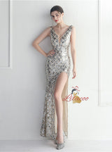 Gold Mermaid V-neck Prom Dress