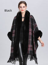 Large Size Fur Collar Plaid Fringed Cloak Shawl