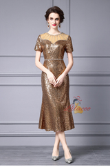 Gold Sequins Beading Short Sleeve Mother Of The Bride Dress
