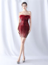 Burgundy Sheath Sequins Strapless Short Prom Dress