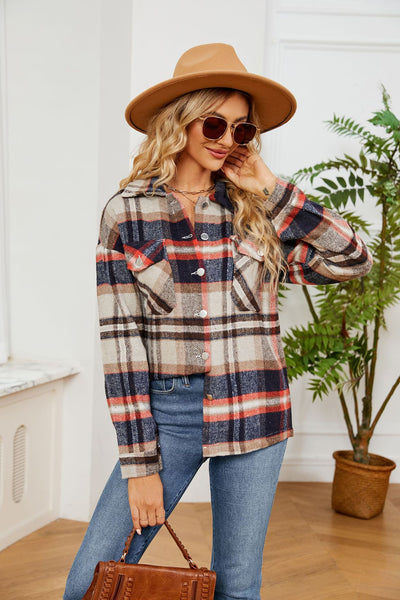 Button Lapel Loose Long Sleeve Plaid Woolen Coat