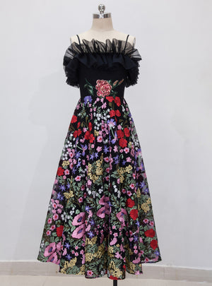 Embroidery Colored Suspender Long Dress