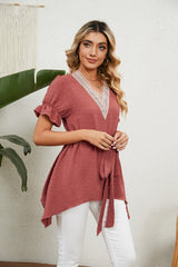 Solid Color Jacquard V-neck Loose Lace Chiffon Top