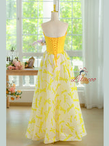 Yellow Print Straps Prom Dress