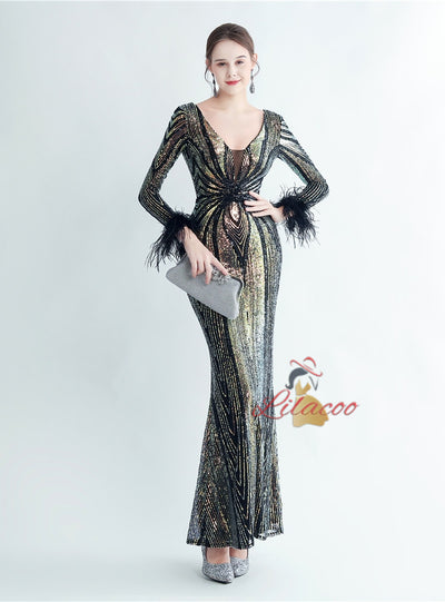 Long Sleeve Mermaid V-neck Sequins Prom Dress