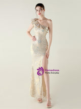 Black Mermaid Sequins One Shoulder Beading Prom Dress