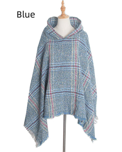 Shaggy Plaid Hooded Cloak Shawl