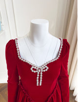 Retro Red Velvet Long Sleeve Dress