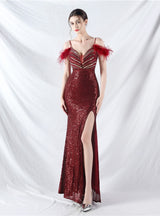 Spaghetti Straps Sequins Split Prom Dress