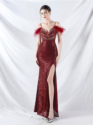 Spaghetti Straps Sequins Split Prom Dress