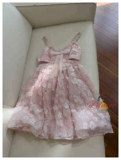 Pink Straps Flower Beading Prom Dress