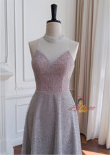 Gray Tulle Sequins Backless Prom Dress