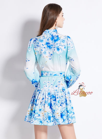 Slim Lantern Sleeve Ruffled Printed Dress