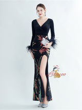 Velvet Sequins Long Sleeve V-neck Prom Dress