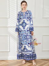 Retro Printed Round Neck Loose Flared Sleeves Dress