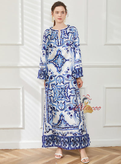 Retro Printed Round Neck Loose Flared Sleeves Dress