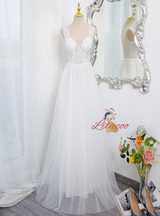 Blue Tulle V-neck Beading Prom Dress