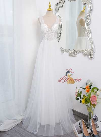 Blue Tulle V-neck Beading Prom Dress