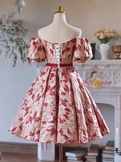 A-Line Flower Puff Sleeve Homecoming Dress