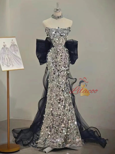 Silver Mermaid Sequins Strapless Prom Dress