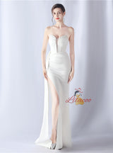 Mermaid Strapless Pleats Beading Split Prom Dress