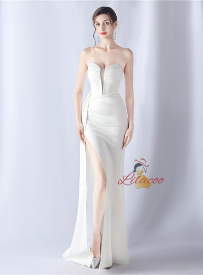 Mermaid Strapless Pleats Beading Split Prom Dress