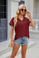 Solid Color Button Hooded Loose Short Sleeve T-shirt