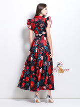 Printed Lotus Leaf Sleeve Lapel Button-down Dress