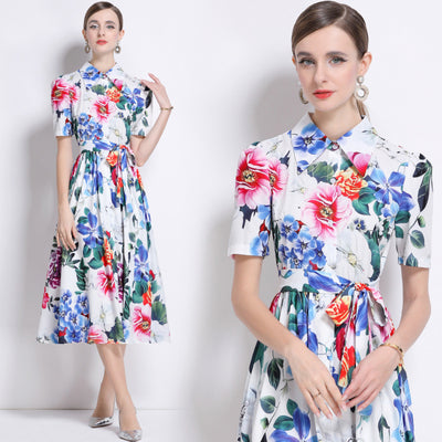 Printed Shirt Slim Waist Party Dress