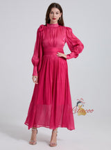 Pleated Silm Waist Long Bubble Sleeve Dress