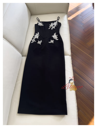 Black Straps Appliques Beading Prom Dress