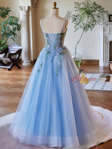 Blue Tulle Spaghetti Straps Appliques Prom Dress