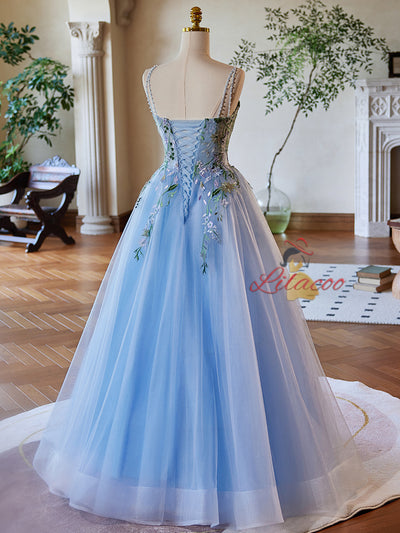 Blue Tulle Spaghetti Straps Appliques Prom Dress
