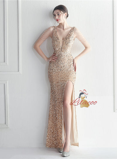 V-neck Mermaid Sequins Prom Dress