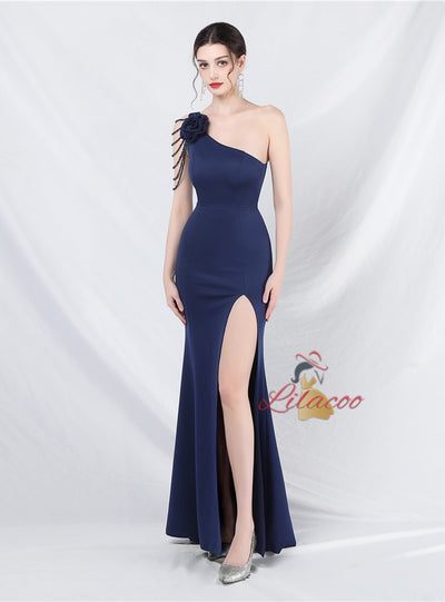 One Shoulder Mermaid Split Beading Prom Dress