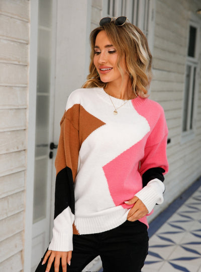 Long Sleeve Round Neck Diamond Sweater
